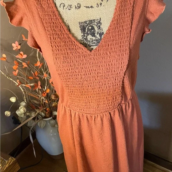Roxy Terracotta Orange Midi Dress ruffle sleeve v neck sz M PTP 17” - Picture 3 of 5